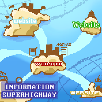 A diagram of the Internet in this world, showing clouds representing websites being connected by the Information Superhighway, a futuristic cyan road.